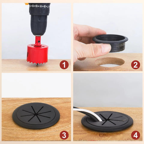 Heavy Duty 2 Inch Desk Grommet Kit With Eight Black Hole Covers And Cobalt Hole Saw for clean cable management in workspace.