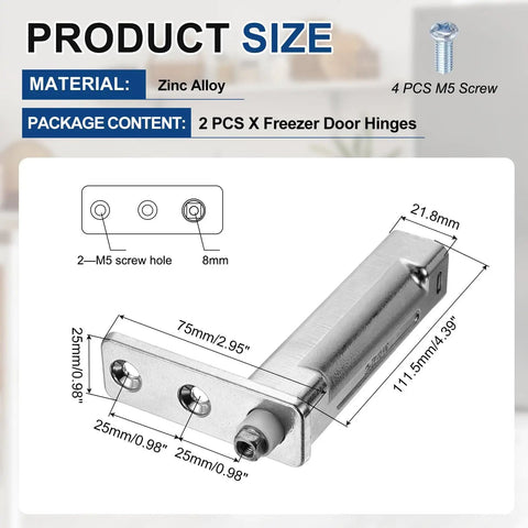 Zinc Alloy Freezer Door Hinges Replacement Kit With Screws, Durable Swivel Fridge Door Hinges for Refrigerator Freezer Doors, size and dimensions shown.
