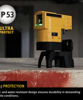 Top Shelf Green Beam Cross Line Laser Bundle Loaded With Full Setup Gear To Shoot Straight Green Lines Clear As Day Up To Hundred Feet On Any Job Site While Keeping Layouts Totally Dead On Point on a workbench with IP53 rating.