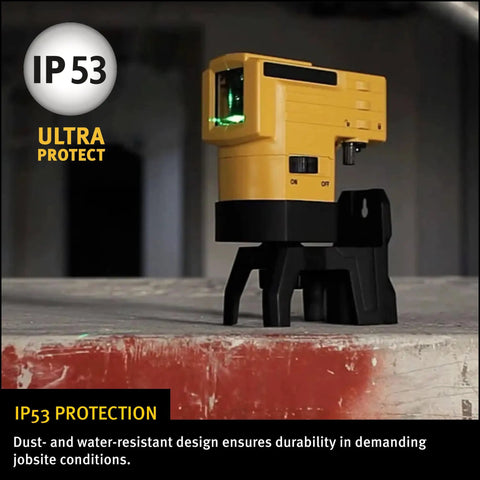 Top Shelf Green Beam Cross Line Laser Bundle Loaded With Full Setup Gear To Shoot Straight Green Lines Clear As Day Up To Hundred Feet On Any Job Site While Keeping Layouts Totally Dead On Point on a workbench with IP53 rating.
