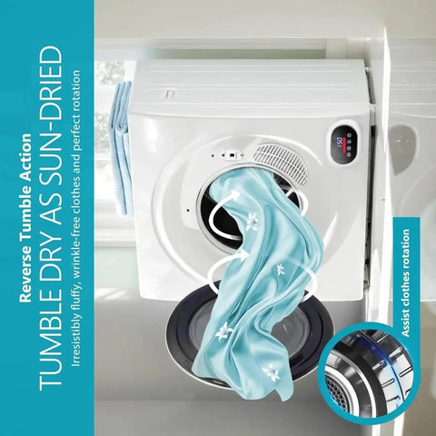 Lazy Sunday Fully Automatic Washing Machine With One Touch Auto Timer And Super Low Energy Draw Featuring Six Wash Cycles Plus Deep Extra Rinse Rounds For Fresh Threads On Overstuffed Loads showing reverse tumble drying action.