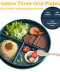 Creative three grid plate with portion of shrimp, steak, noodles, and fruits. Use Eight Pack 9 Inch Divided Plates With Spoons Set.
