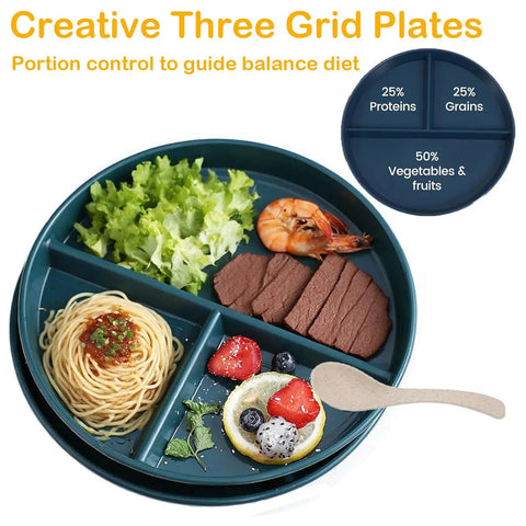 Creative three grid plate with portion of shrimp, steak, noodles, and fruits. Use Eight Pack 9 Inch Divided Plates With Spoons Set.
