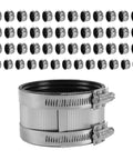 Heavy Duty 6 Inch No Hub Couplings 50 Pack 304 Stainless Steel DWV Pipe Connectors with rubber gaskets arranged in rows.