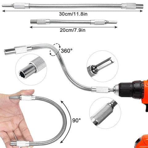 Flexible Drill Bit Extension Set With 360 Degree Bendable Design, One Quarter Inch Magnetic Hex Shaft, includes 7.9" and 11.8"