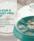 3 In 1 Watch Cleaning Kit For Pro Repairs With Dust Free Putty 6 Compartment Tray displaying watch components under dome.
