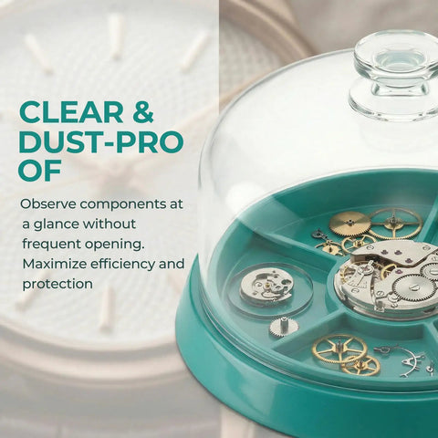 3 In 1 Watch Cleaning Kit For Pro Repairs With Dust Free Putty 6 Compartment Tray displaying watch components under dome.