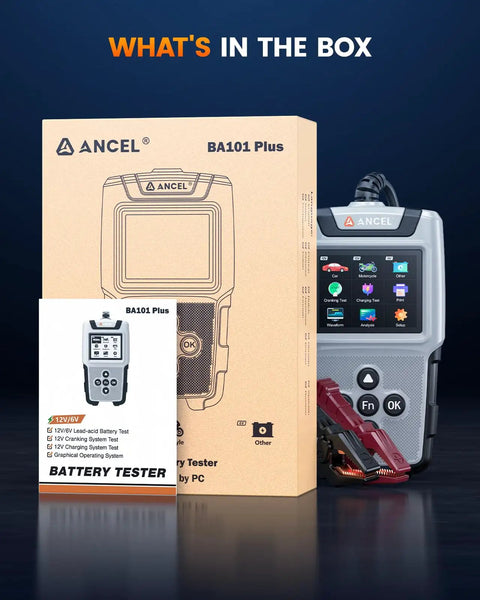 BA101 Plus Car Battery Tester for 6V and 12V Lead Acid Batteries Tests 20 to 2000 CCA Voltage and Health Supports Flooded AGM Flat Plate AGM Spiral GEL and EFB Cells Fast and Accurate Battery Diagnostics, box and clamps