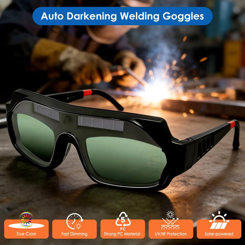 Top Shelf Auto Darkening Welding Goggles With Solar Powered True Color Lens For Grinding And Heavy Duty Projects featuring green lenses and sturdy frame.