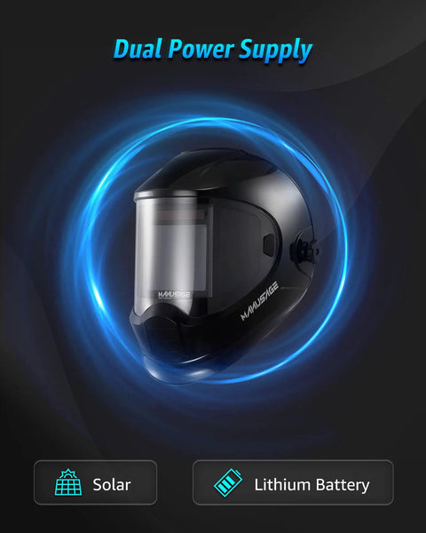 Panoramic View Auto Darkening Welding Helmet with dual power supply, solar and lithium battery.