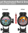 Versatile 6-24x50 AO Rifle Scope With Illuminated Red Green Reticle displayed in daylight and dusk conditions