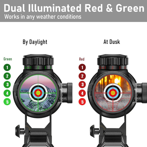 Versatile 6-24x50 AO Rifle Scope With Illuminated Red Green Reticle displayed in daylight and dusk conditions