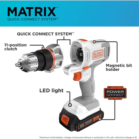 Matrix 20V Max Drill Kit With Adjustable Clutch And Variable Speed Trigger For Screwdriving Torque Settings And Durable Storage Case