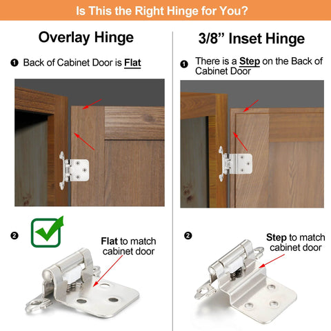 Comparison of overlay hinge and 3/8" inset hinge installation for cabinet doors, featuring Brushed Satin Nickel Self Closing Cabinet Hinges For Flush Mount Face Frame Kitchen Cabinets Half Inch Overlay Pack Of 4 Screws Included Easy To Install Replaces Old Hinge Pattern Vallecloud