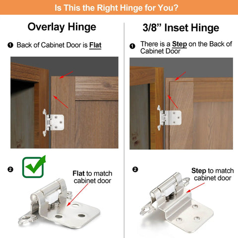 Self Closing Brushed Nickel Kitchen Cabinet Hinges For Face Frame Doors No Fuss Auto Close Feature With Screws Quick Swap For Older Furniture Rugged Heavy Duty Cupboard Hardware Kit, comparison of overlay and inset hinges.
