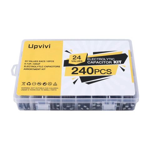 DIY Friendly Electrolytic Capacitor Kit With 24 Values And 240 Pieces in labeled box, inline aluminum caps 0.1uF to 1000uF.