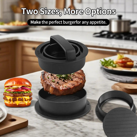 Black burger press with cooked patty on a kitchen counter, showcasing two size options, next to a stack of burger toppings