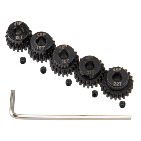 Five Pack 48P Pinion Gear Sets 18T 19T 20T 21T 22T for 3.175mm shafts with hex key and screws, hardened steel for RC cars.