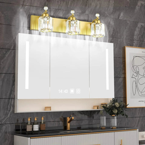 Gold Crystal Vanity Light for Bathroom, Modern 3 Light Vanity Fixture, mounted above a bathroom mirror with crystal glass design
