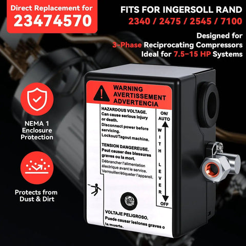 OEM Replacement Pressure Switch 23474570 For Air Compressors, 135 And 175 PSI, Four Port One Quarter Inch FNPT With Built In Unloader