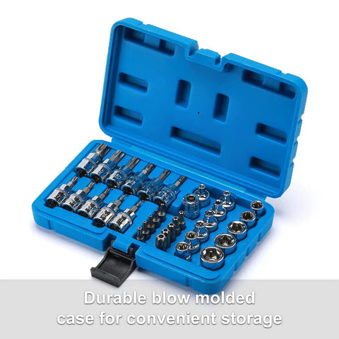 34 Piece Torx Bit Socket Set With E-Torx Sockets Three Eighths Inch Drive CR-V And S2 Steel in blue durable case