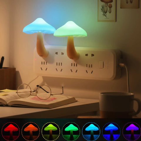 Two Pack Mushroom Night Light Plug In Wall Lamp With Sensor LED Nightlight Cute Mini for kids nursery, glowing on a power strip
