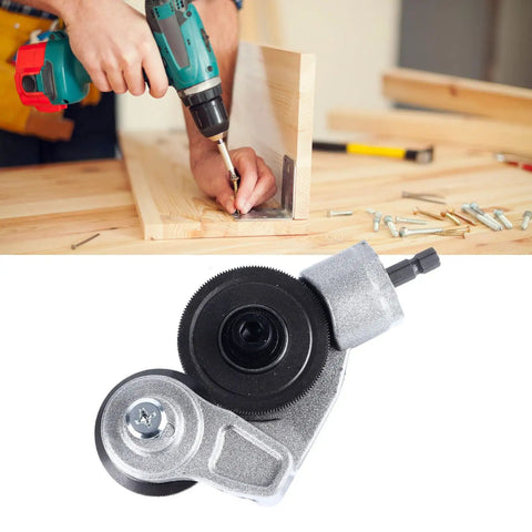 Jeanoko Electric Drill Metal Shears Attachment For Cutting Thin Sheet Metal Efficient Heavy Duty Tool With Sparkless Precision Fit Lithium Impact Driver Upgrade Your Workshop Game Today, close-up of attachment mounted on drill.