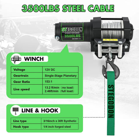 3500 Lb 12V Electric Winch For ATV UTV Boat With Wired And Wireless Remotes, Roller Fairlead, Steel Cable Specs