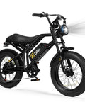 Electric Fat Tire E-Bike For Adults And Teens With 1500W Peak Motor, 20 Inch Fat Tires, Black, side view, headlight on