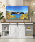 65 Inch TV Stand With Storage Cabinets And Sliding Barn Doors In Bright White Dope Farmhouse Style Entertainment Console with decor