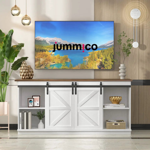 65 Inch TV Stand With Storage Cabinets And Sliding Barn Doors In Bright White Dope Farmhouse Style Entertainment Console with decor