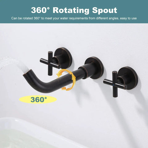 Oil Rubbed Bronze Wall Mount Bathroom Faucet With Two Handle Vanity, 360 Degree Rotating Spout, Includes Rough-In Valve
