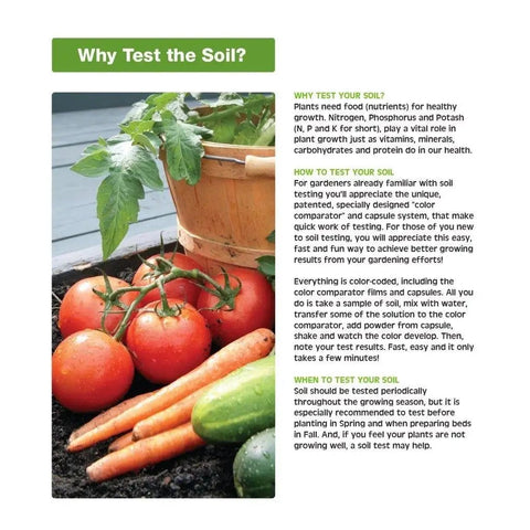 Image of fresh vegetables with a basket on soil. Use Home Soil Test Kit For NPK And pH Two Kits With Four Color Comparators shown.