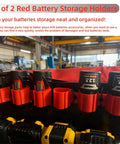 2 In 1 Wall Mount Tool And Battery Holder For Milwaukee M12 12V With Plastic Hanger Easy Access Storage For Drill Batteries And Cords Shop Ready Organizer For Shelves Work Vans And Toolboxes, showing red holders with batteries in a workshop setting.