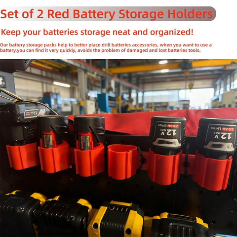 2 In 1 Wall Mount Tool And Battery Holder For Milwaukee M12 12V With Plastic Hanger Easy Access Storage For Drill Batteries And Cords Shop Ready Organizer For Shelves Work Vans And Toolboxes, showing red holders with batteries in a workshop setting.