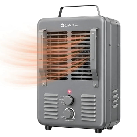 Milkhouse Style Portable Space Heater With Adjustable Thermostat, 1500W Electric Heater showing front vents and controls