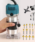 Heavy Duty 800W Wood Router Paired With A Rock Solid 15 Piece Tungsten Carbide Bit Set showing router and bits for woodworking.