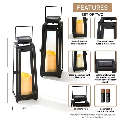 Outdoor Solar Lanterns With Flameless Candles Two Pack 11 Inch Tall Black Metal Glass Lanterns For Patio No Fuss Waterproof Dusk To Dawn Decorative Night Lighting