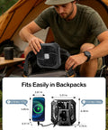 Portable Camping Fan With LED Lantern for Outdoor Adventures fits in backpack, compact size, USB charging, outdoor use