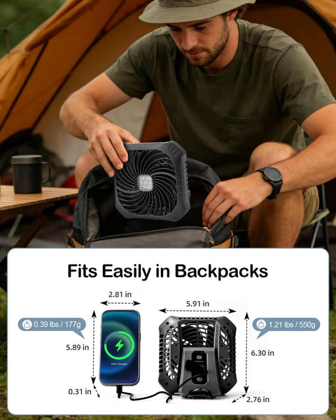 Portable Camping Fan With LED Lantern for Outdoor Adventures fits in backpack, compact size, USB charging, outdoor use