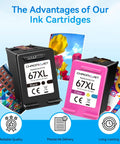 67XL Black Color Ink Cartridges Combo Pack Compatible With HP 67 Ink For DeskJet And Envy Series Printers, black and color shown