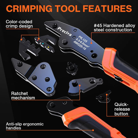 Heavy Duty Wire Crimping Tool Kit With Ratcheting Crimper And 200 Pcs Color-Coded Heat Shrink Connectors, 22-10 AWG features diagram