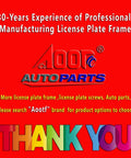 Red promotional image for Aootf Auto Parts highlighting 30 years of experience in manufacturing license plate frames.