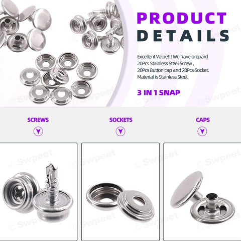 62Pcs Canvas Snap Kit for Marine Canvas Upholstery and Boat Covers, Stainless Steel Pro Grade Marine Fasteners displayed.