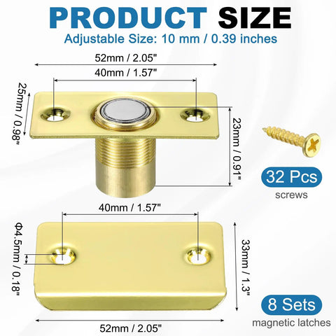 Magnetic Door Ball Catch 8 Pack For Top Of Doors And Invisible Cabinets, gold finish, dimensions labeled, includes screws