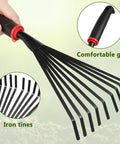 Close-up of Nine Tines Metal Garden Hand Rake Set For Yard Lawn And Flower Beds Mini Cultivator Tools With Easy Grip Handle