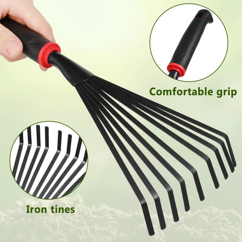 Close-up of Nine Tines Metal Garden Hand Rake Set For Yard Lawn And Flower Beds Mini Cultivator Tools With Easy Grip Handle