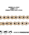 Close-up of 428HZ non O-ring chain for Honda Drive Sprocket Chain Kit For XR100R And CRF100F Riders.
