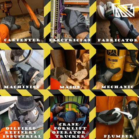Built Different Heavy Duty Work Gloves With Breathable Leather Palms And Touchscreen Compatible Tips Machine Washable Reinforced Knuckles Zero Slip Grip For Mechanics And Electricians in action for various trade professions.
