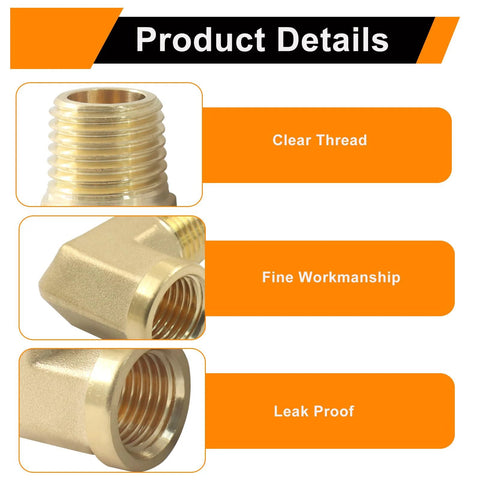 2-pc brass 1/4 in NPT 90-degree barstock elbow fittings; views show male end, elbow body, and female end